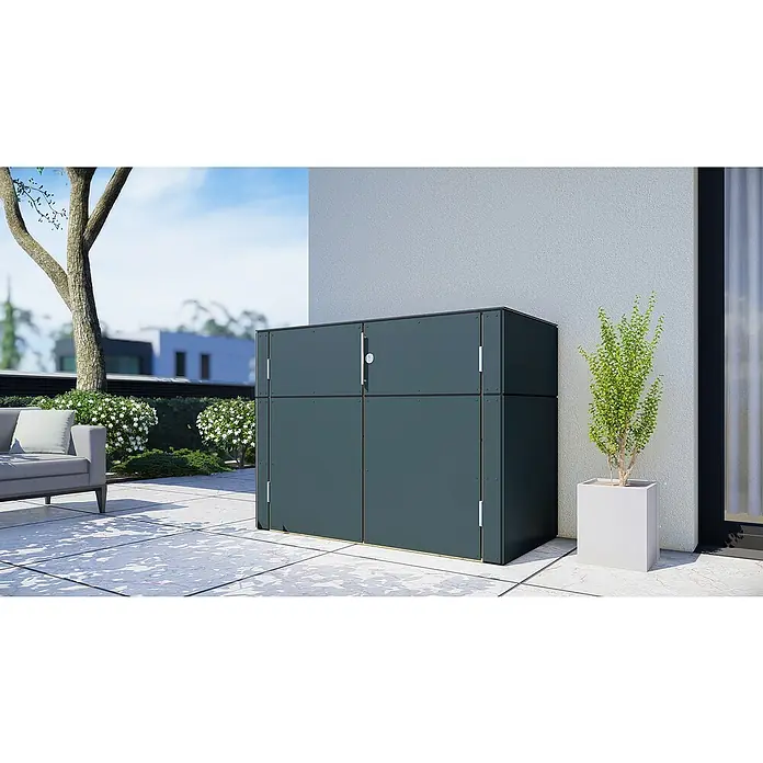 Bertilo Gartenschrank HPL Terrace - Außenmaß inkl. Dachüberstand (B x T): 75 x 155 cm, Holz, Anthrazit - Das Bild zeigt eine moderne, anthrazitfarbene Gerätebox auf einer Terrasse, ideal für die Aufbewahrung im Außenbereich und zur stilvollen Gartengestaltung.