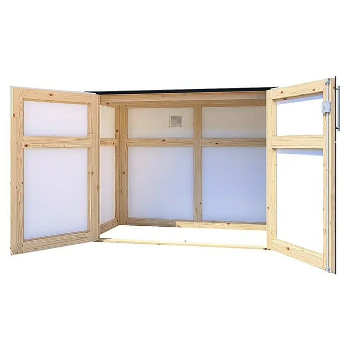 Bertilo Gartenschrank HPL Terrace - Außenmaß inkl. Dachüberstand (B x T): 75 x 155 cm, Holz, Anthrazit - Ansicht eines offenen, maßgefertigten Holzschranks mit weißen Paneelen, ideal für flexible Lagerlösungen und individuelle Raumgestaltung.