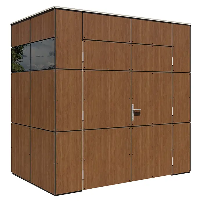 Bertilo Gerätehaus HPL Mini - Außenmaß inkl. Dachüberstand (B x T): 160 x 230 cm, Holz, Walnut - Das Bild zeigt ein modernes, braunes Gerätehaus mit Fenster und Türgriff. Das Haus besteht aus quadratischen Paneelen mit feiner Holzstruktur.