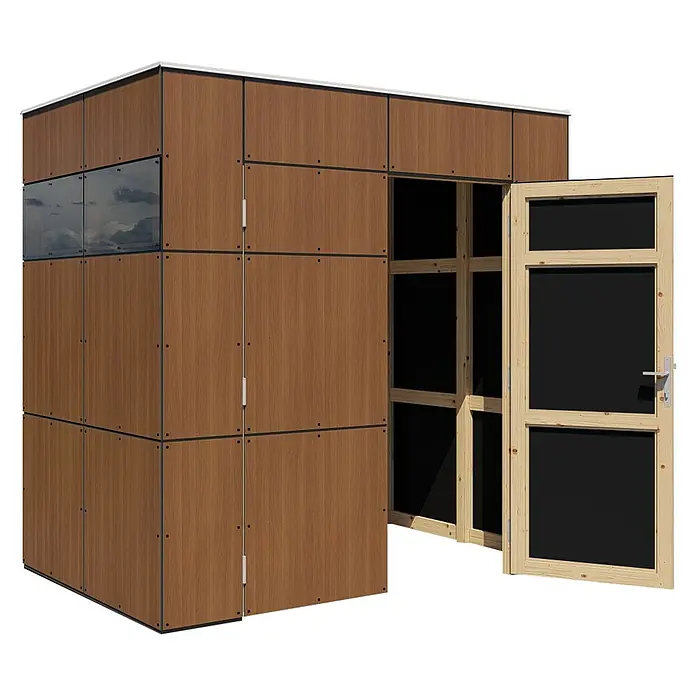 Bertilo Gerätehaus HPL Mini - Außenmaß inkl. Dachüberstand (B x T): 160 x 230 cm, Holz, Walnut - Ansicht eines Holzblockhauses mit einer offenen Holztür, die den modernen und doch rustikalen Stil des Hauses zeigt.