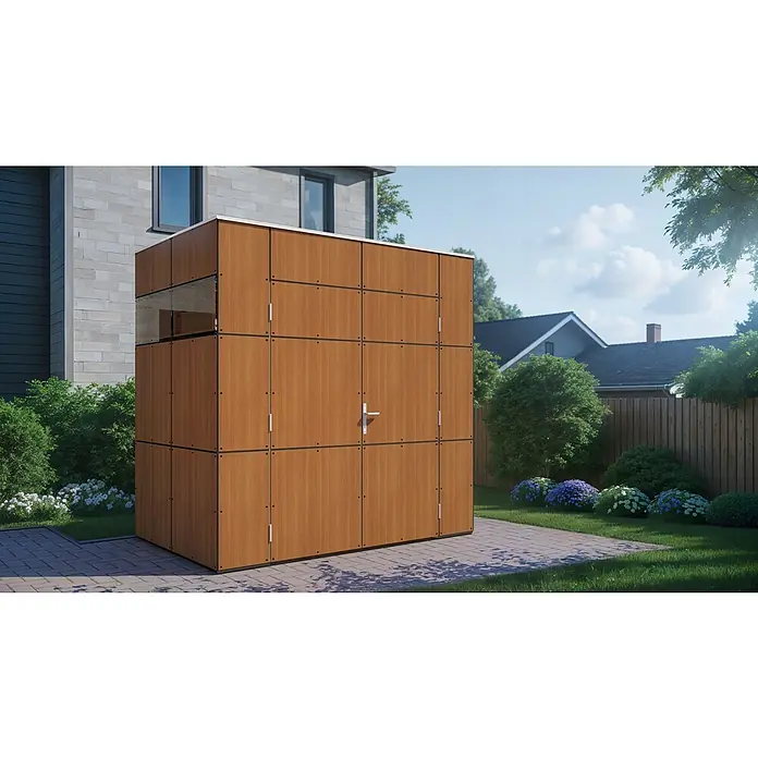 Bertilo Gerätehaus HPL Mini - Außenmaß inkl. Dachüberstand (B x T): 160 x 230 cm, Holz, Walnut - Ein moderner Holzgartenhaus mit quadratischen Paneelen, ideal für die Aufbewahrung im Freien und zur stilvollen Gartengestaltung.