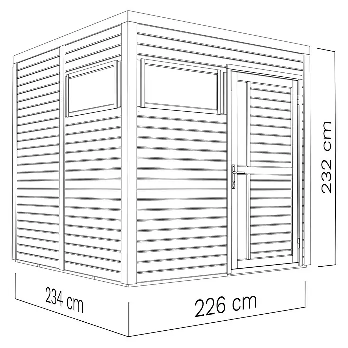 Gerätehaus Cubus 2 - Außenmaß inkl. Dachüberstand (B x T): 240 x 223 cm, Holz, Naturbelassen - Illustration eines Gartenhauses mit den Maßen 234 cm x 226 cm x 232 cm.