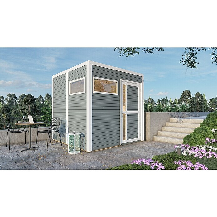 Bertilo Gerätehaus Cubus 2 (Außenmaß inkl. Dachüberstand (B x T): 240 x 226 cm, Holz, Hellgrau/ Weiß) | BAUHAUS