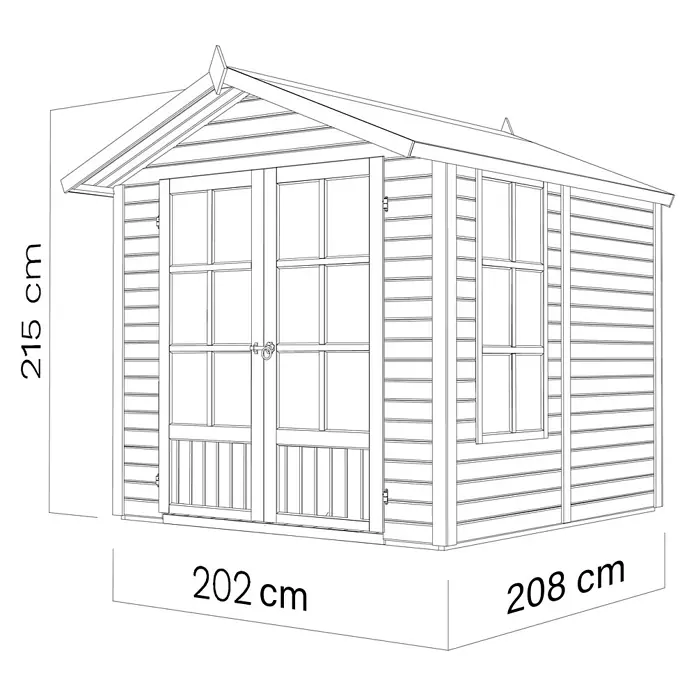 Bertilo Gartenhaus Melrose - Außenmaß inkl. Dachüberstand (B x T): 246 x 214 cm, Holz - Abbildung eines Gartenhauses mit den Maßen 215 cm Höhe, 202 cm Breite und 208 cm Tiefe. Solides Gartenhaus für den Außenbereich.