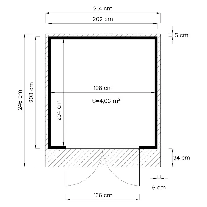 Bertilo Gartenhaus Melrose - Außenmaß inkl. Dachüberstand (B x T): 246 x 214 cm, Holz - Grundrisszeichnung eines Raumes mit Maßen und Türöffnung, der eine Fläche von 4,03 m² hat.