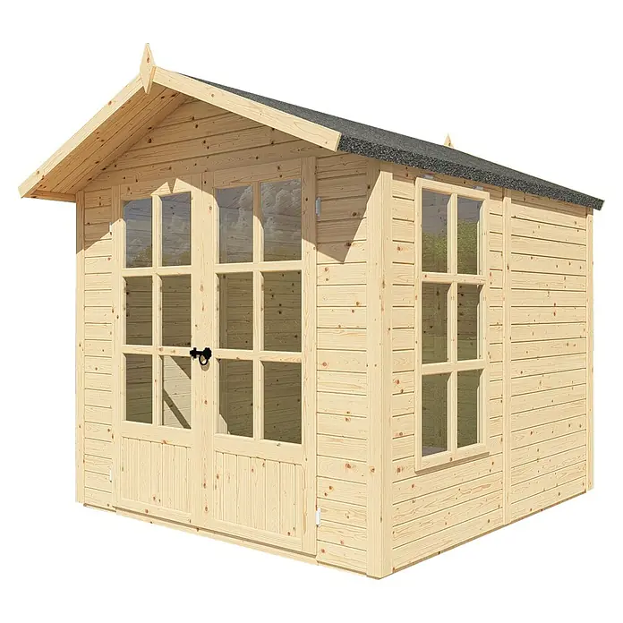 Bertilo Gartenhaus Melrose - Außenmaß inkl. Dachüberstand (B x T): 246 x 214 cm, Holz - Eine helle Holzgartenlaube mit Fenstern und Doppeltür. Ideal für Gartenarbeit oder als Rückzugsort im Freien.