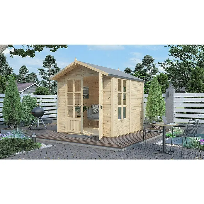 Bertilo Gartenhaus Melrose - Außenmaß inkl. Dachüberstand (B x T): 246 x 214 cm, Holz - Ein helles Holzgartenhaus mit geöffneter Tür, umgeben von Gartenmöbeln und Grünpflanzen. Ideal für Entspannung im Freien.