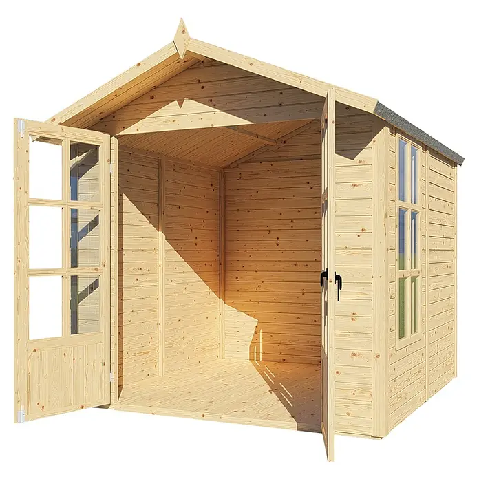 Bertilo Gartenhaus Melrose - Außenmaß inkl. Dachüberstand (B x T): 246 x 214 cm, Holz - Ein helles Holzgartenhaus mit Doppeltüren offen, das Innere zeigend. Ideal für Gartenaufbewahrung oder als Hobbyraum.