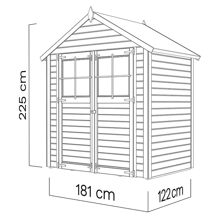 Bertilo Gartenhaus Osterbek - Außenmaß inkl. Dachüberstand (B x T): 131 x 202 cm, Holz - Abbildung eines Gartenhauses mit den Maßen 225 cm Höhe, 181 cm Breite und 122 cm Tiefe.