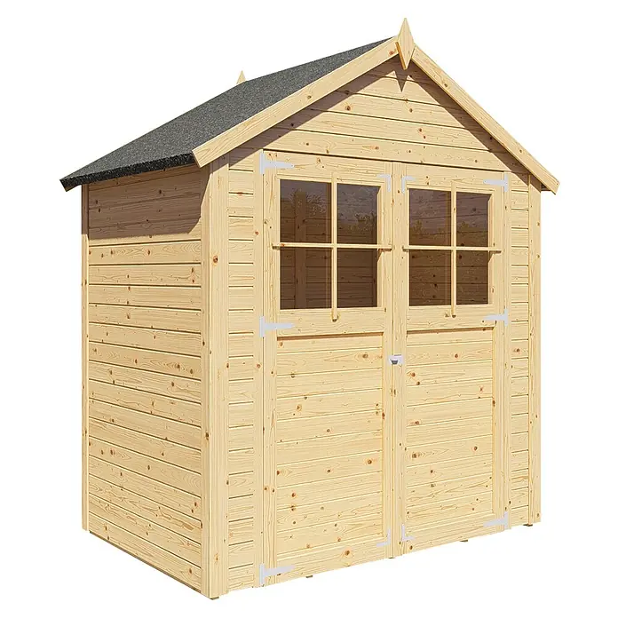 Bertilo Gartenhaus Osterbek - Außenmaß inkl. Dachüberstand (B x T): 131 x 202 cm, Holz - Das Bild zeigt ein hölzernes Gartenhaus mit Doppeltür und Fenstern, ideal für die Aufbewahrung von Gartengeräten und -möbeln.