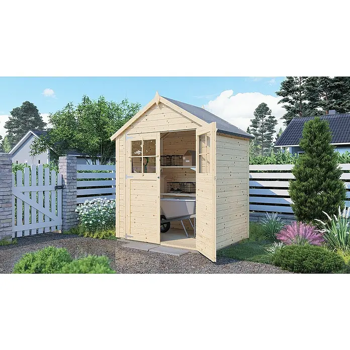 Bertilo Gartenhaus Osterbek - Außenmaß inkl. Dachüberstand (B x T): 131 x 202 cm, Holz - Ein geräumiges Gartenhaus aus hellem Holz mit geöffneten Türen, das Platz für Geräte und Utensilien bietet, um den Garten ordentlich zu halten.