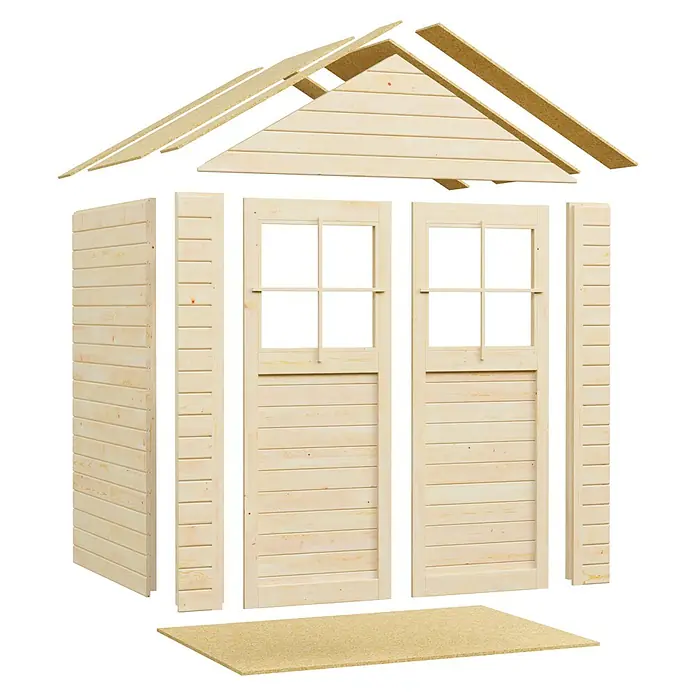 Bertilo Gartenhaus Osterbek - Außenmaß inkl. Dachüberstand (B x T): 131 x 202 cm, Holz - Bausatz für ein Gartenhaus aus hellem Holz mit Fenstern und Giebeldach zur Selbstmontage.