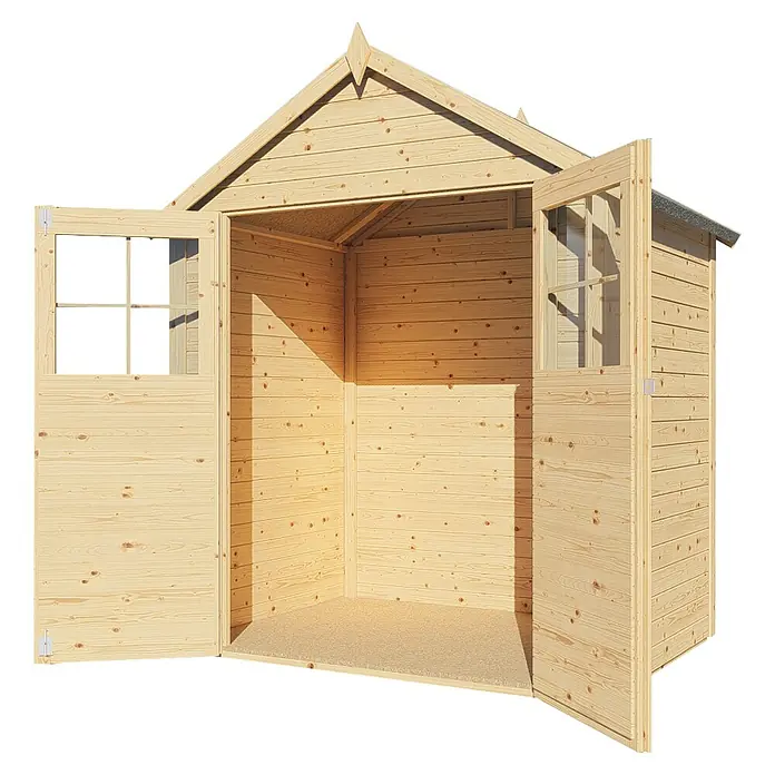 Bertilo Gartenhaus Osterbek - Außenmaß inkl. Dachüberstand (B x T): 131 x 202 cm, Holz - Abbildung eines offenen Holzgartenschuppens mit Fenstern an beiden Türen und einem Giebeldach.