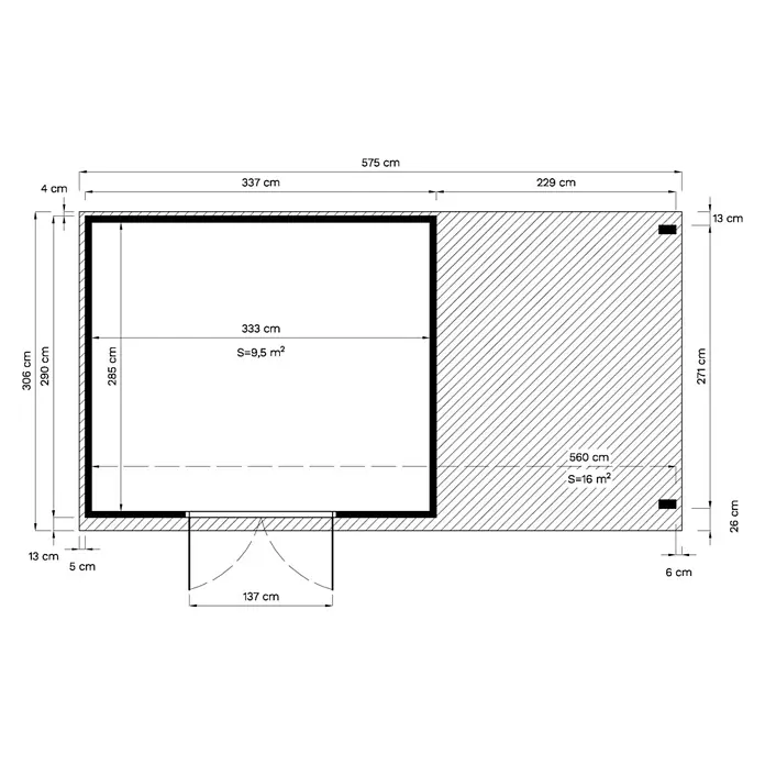Bertilo Gartenhaus Borkum - Außenmaß inkl. Dachüberstand (B x T): 601 x 306 cm, Holz - Grundrisszeichnung eines Gebäudes mit Bemaßungen in Zentimetern, die die Raumaufteilung und Flächen zeigen.