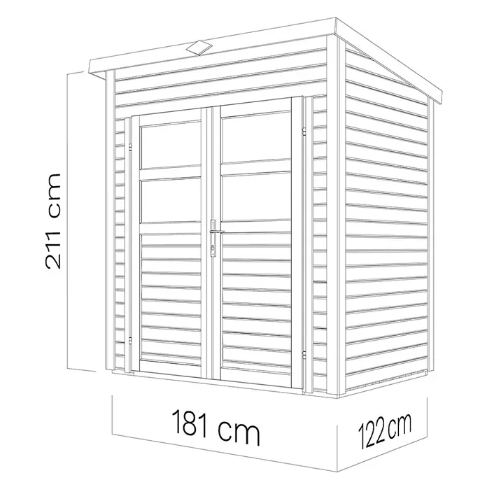 Bertilo Gerätehaus Felix 1 - Außenmaß inkl. Dachüberstand (B x T): 139 x 191 cm, Holz, Naturbelassen - Abbildung eines Gartenhauses mit den Maßen 211 cm Höhe, 181 cm Breite und 122 cm Tiefe.