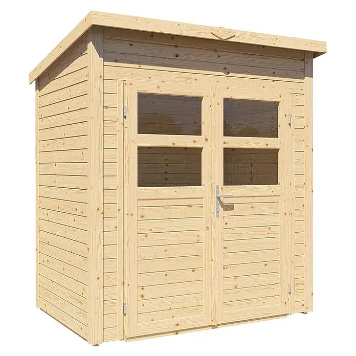 Bertilo Gerätehaus Felix 1 - Außenmaß inkl. Dachüberstand (B x T): 139 x 191 cm, Holz, Naturbelassen - Abbildung eines Holzgartenhauses mit Doppeltür und Fenstern, ideal für die Aufbewahrung von Gartengeräten.