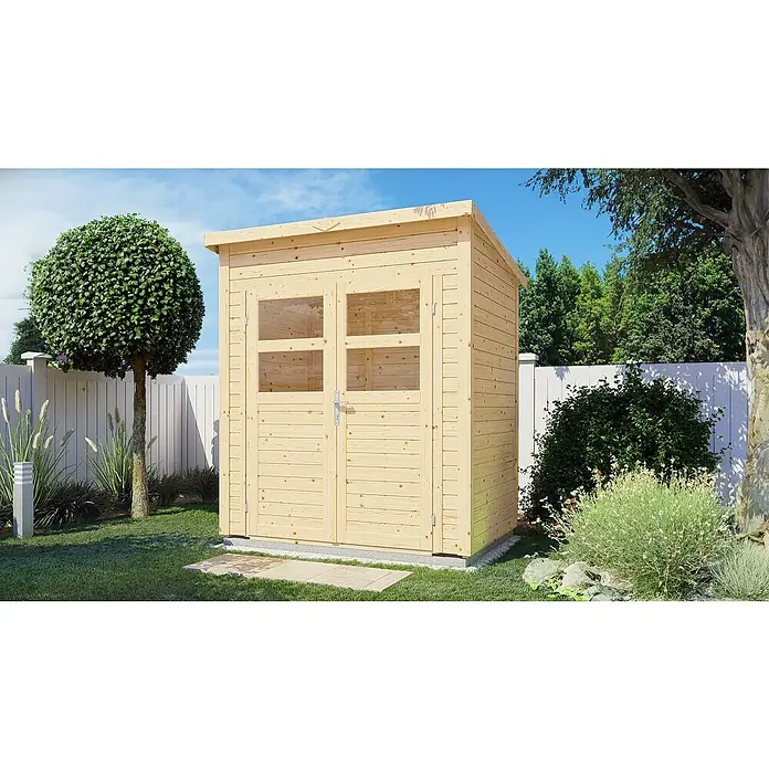 Bertilo Gerätehaus Felix 1 - Außenmaß inkl. Dachüberstand (B x T): 139 x 191 cm, Holz, Naturbelassen - Helles Holzgartenhaus mit Doppeltüren, umgeben von gepflegtem Grün und einem weißen Zaun, bietet Stauraum mit Stil.