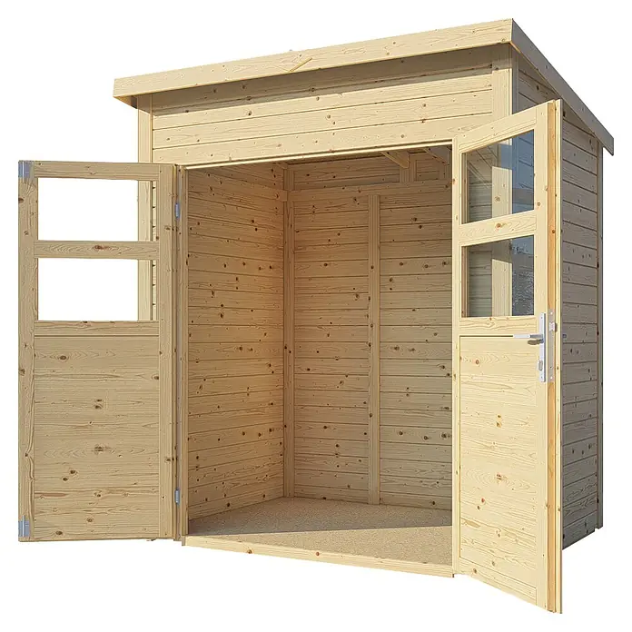 Bertilo Gerätehaus Felix 1 - Außenmaß inkl. Dachüberstand (B x T): 139 x 191 cm, Holz, Naturbelassen - Holzgartenhaus mit geöffneten Doppeltüren und Fenstern. Das Gartenhaus ist aus hellem Holz und hat ein Pultdach.