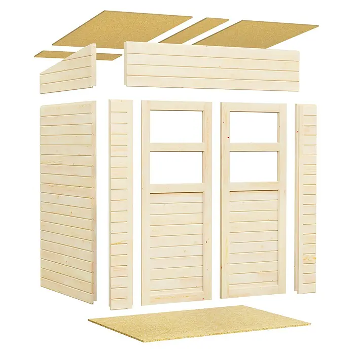 Bertilo Gerätehaus Felix 1 - Außenmaß inkl. Dachüberstand (B x T): 139 x 191 cm, Holz, Naturbelassen - Einzelteile für ein Holzgartenhaus, bestehend aus Wänden, Türen und Dachelementen.