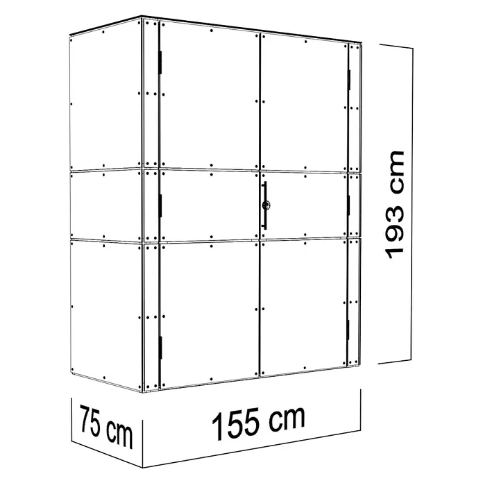 Bertilo Gartenschrank HPL Terrace - Außenmaß inkl. Dachüberstand (B x T): 75 x 155 cm, Holz, Weiß, Firsthöhe: 193 cm - Abbildung eines Schranks mit den Maßen 75 cm x 155 cm x 193 cm.