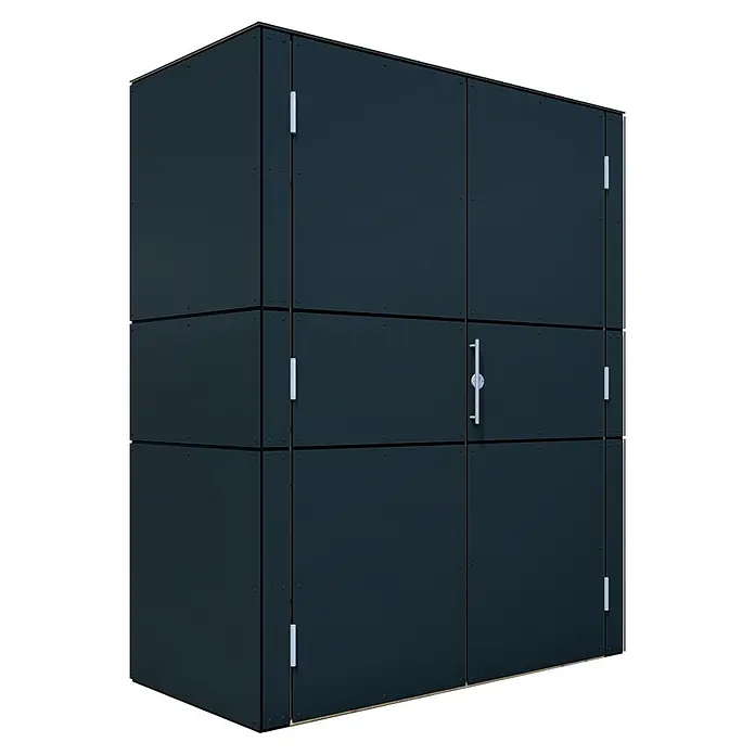 Bertilo Gartenschrank HPL Terrace - Außenmaß inkl. Dachüberstand (B x T): 75 x 155 cm, Holz, Anthrazit, Firsthöhe: 193 cm - Schwarzer Outdoor-Geräteschrank aus Paneelen mit silbernen Griffen und Beschlägen. Praktische Aufbewahrungslösung für den Garten.
