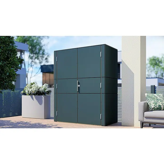 Bertilo Gartenschrank HPL Terrace - Außenmaß inkl. Dachüberstand (B x T): 75 x 155 cm, Holz, Anthrazit, Firsthöhe: 193 cm - Abgebildeter großer, modularer Gartenschrank in Dunkelgrau mit silbernen Griffen, ideal für die Aufbewahrung von Gartengeräten und -möbeln.