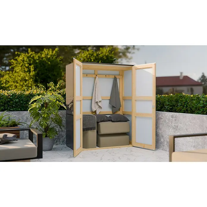 Bertilo Gartenschrank HPL Terrace - Außenmaß inkl. Dachüberstand (B x T): 75 x 155 cm, Holz, Anthrazit, Firsthöhe: 193 cm - Das Bild zeigt einen Outdoor-Lagerschrank mit offen stehenden Türen, der Handtücher und Kissen enthält und sich ideal für die Gartenaufbewahrung eignet.