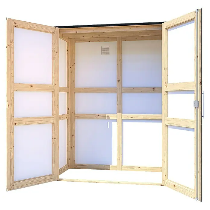 Bertilo Gartenschrank HPL Terrace - Außenmaß inkl. Dachüberstand (B x T): 75 x 155 cm, Holz, Anthrazit, Firsthöhe: 193 cm - Aufnahme eines offenen, unbehandelten Holzschuppens mit einer weißen Rückwand, ideal für die Lagerung im Freien und Schutz vor den Elementen.