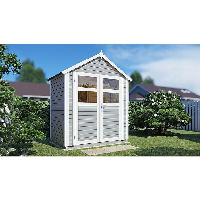 Bertilo Gerätehaus Visby (Außenmaß inkl. Dachüberstand (B x T): 131 x 202 cm, Holz, Hellgrau) | BAUHAUS
