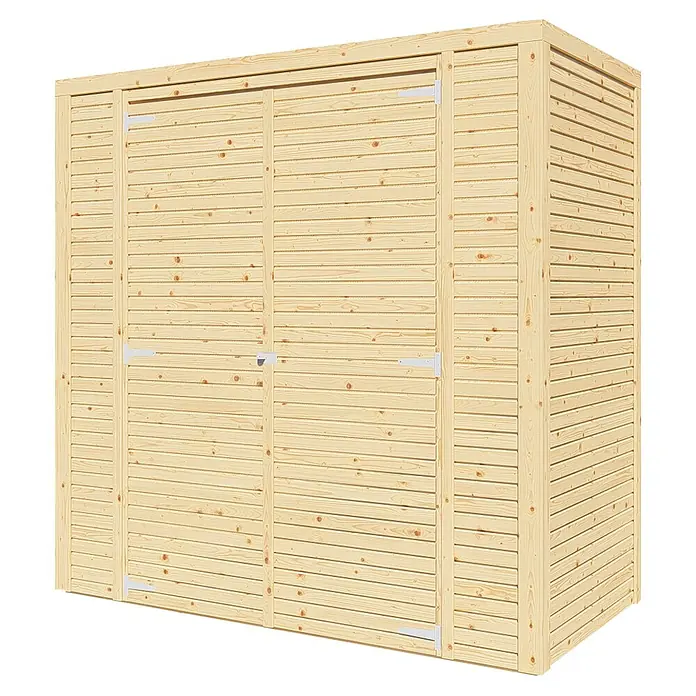 Bertilo Gerätehaus Box 1 - Außenmaß inkl. Dachüberstand (B x T): 110 x 208 cm, Holz, Naturbelassen - Geräumiger Holzschuppen mit Doppeltür und horizontaler Holzpaneele-Struktur für den Außenbereich.