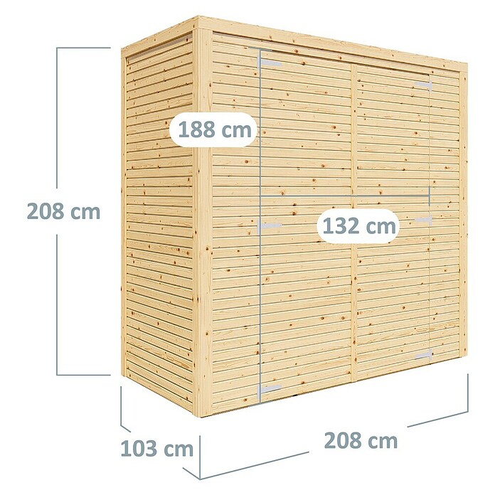 Bertilo Gerätehaus Box 1 (Außenmaß inkl. Dachüberstand (B x T): 110 x 208 cm, Holz, Naturbelassen) | BAUHAUS