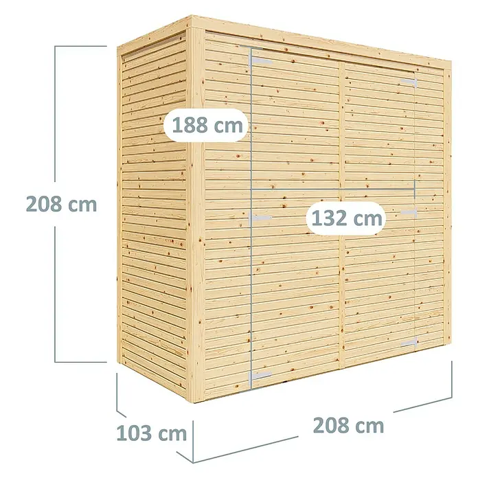 Bertilo Gerätehaus Box 1 - Außenmaß inkl. Dachüberstand (B x T): 110 x 208 cm, Holz, Naturbelassen - Abbildung eines Gartenhauses aus Holz mit den Maßen 208 cm Höhe, 103 cm Breite und 208 cm Länge.