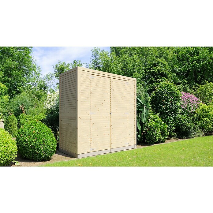 Bertilo Gerätehaus Box 1 (Außenmaß inkl. Dachüberstand (B x T): 110 x 208 cm, Holz, Naturbelassen) | BAUHAUS