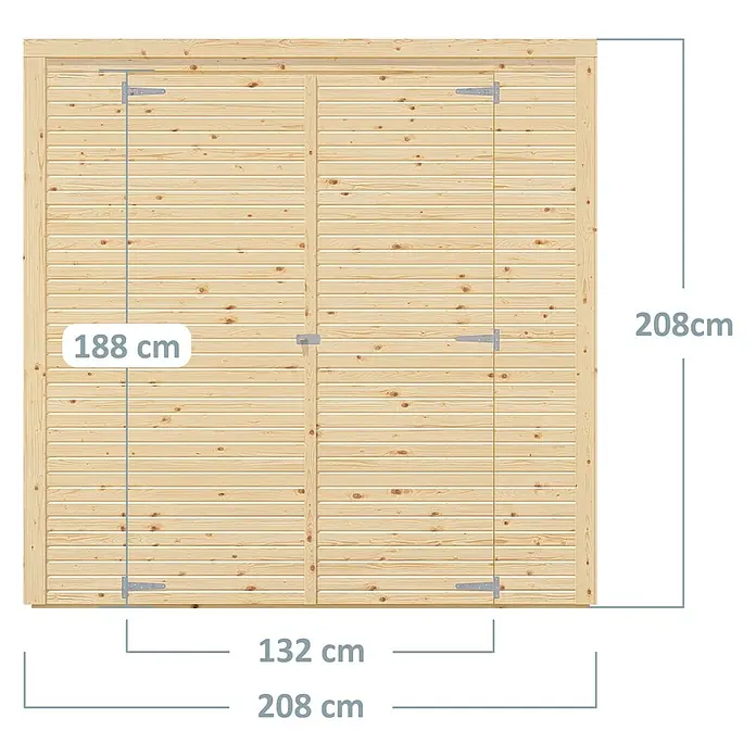 Bertilo Gerätehaus Box 1 - Außenmaß inkl. Dachüberstand (B x T): 110 x 208 cm, Holz, Naturbelassen - Abbildung eines Holzschuppens mit detaillierten Maßangaben zur Veranschaulichung von Größe und Abmessungen.