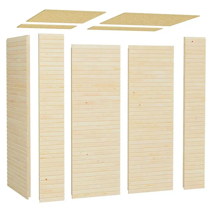 Bertilo Gerätehaus Box 1 - Außenmaß inkl. Dachüberstand (B x T): 110 x 208 cm, Holz, Naturbelassen - Produktansicht: Holzpaneele für den Innenbereich, ideal für Wand- und Deckenverkleidungen. Natürliche Optik, vielseitig einsetzbar.