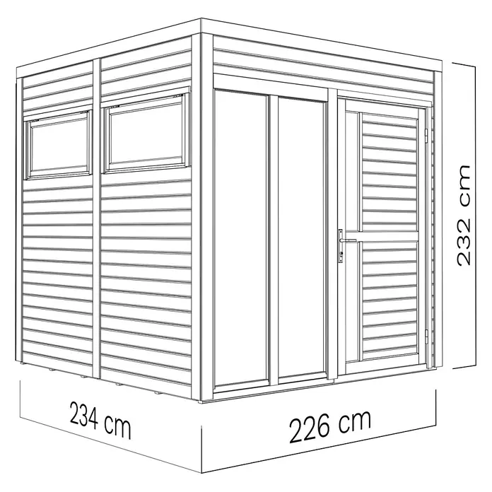 Bertilo Gartenhaus Cubus 2 Office - Außenmaß inkl. Dachüberstand (B x T): 240 x 226 cm, Holz, Naturbelassen - Ansicht des Gartenhauses mit den Maßen 234 cm x 226 cm und einer Höhe von 232 cm. Eine großartige Ergänzung für jeden Garten.