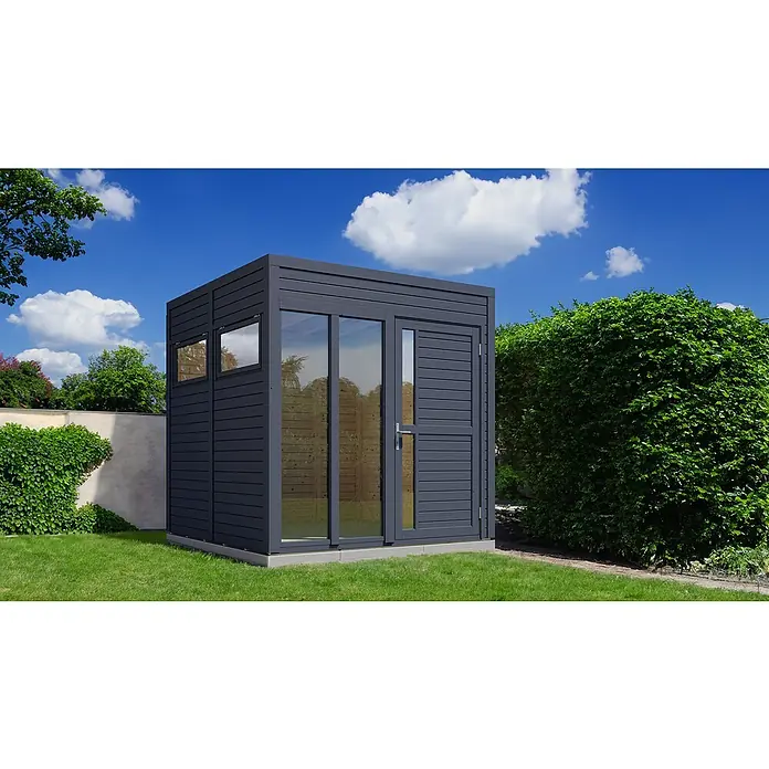 Bertilo Gartenhaus Cubus 2 Office - Außenmaß inkl. Dachüberstand (B x T): 240 x 226 cm, Holz, Anthrazit - Modernes Gartenhaus mit Schiebetüren und Fenster für den Garten. Das Haus ist aus grauem Holz und bietet einen stilvollen Raum.