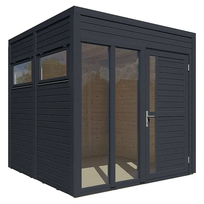 Bertilo Gartenhaus Cubus 2 Office - Außenmaß inkl. Dachüberstand (B x T): 240 x 226 cm, Holz, Anthrazit - Detaillierte Ansicht eines modernen Gartenhauses mit großen Glasfenstern und einer stabilen Holztür, ideal für den Garten.