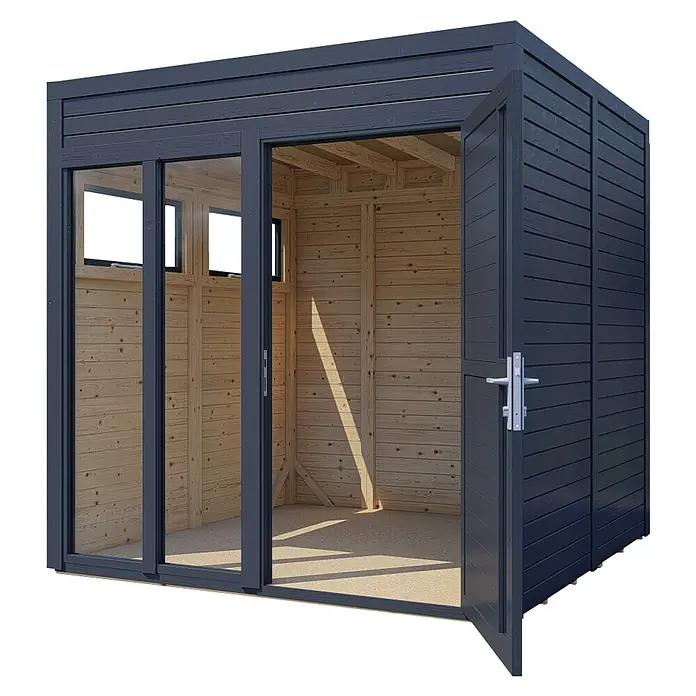 Bertilo Gartenhaus Cubus 2 Office - Außenmaß inkl. Dachüberstand (B x T): 240 x 226 cm, Holz, Anthrazit - Ein modernes Gartenhaus mit Schiebetüren und Fenster, ideal als Büro oder Rückzugsort im Freien. Das Haus bietet viel Licht und eine attraktive Optik.