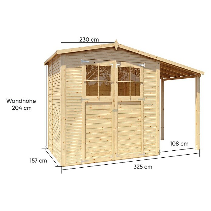 Bertilo Gartenhaus Plexi Apex 2 Plus (Außenmaß inkl. Dachüberstand (B x T): 168 x 338 cm, Holz, Natur, Mit Anbau) | BAUHAUS