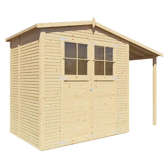 Bertilo Gartenhaus Plexi Apex 2 Plus - Außenmaß inkl. Dachüberstand (B x T): 168 x 338 cm, Holz, Mit Anbau - Abbildung eines Holzgartenhauses mit Fenstern und Überdachung.