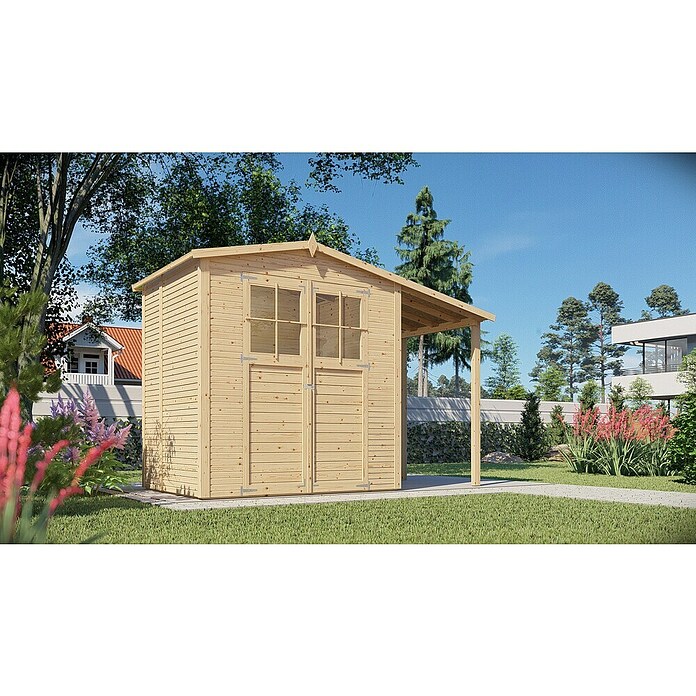 Bertilo Gartenhaus Plexi Apex 2 Plus (Außenmaß inkl. Dachüberstand (B x T): 168 x 338 cm, Holz, Natur, Mit Anbau) | BAUHAUS