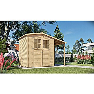 Bertilo Gartenhaus Plexi Apex 2 Plus (Außenmaß inkl. Dachüberstand (B x T): 168 x 338 cm, Holz, Natur, Mit Anbau)