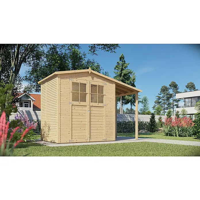 Bertilo Gartenhaus Plexi Apex 2 Plus - Außenmaß inkl. Dachüberstand (B x T): 168 x 338 cm, Holz, Mit Anbau - Diese Aufnahme zeigt ein charmantes Holzgartenhaus mit Überdachung, ideal für Gartenliebhaber, die zusätzlichen Stauraum und Schutz suchen.