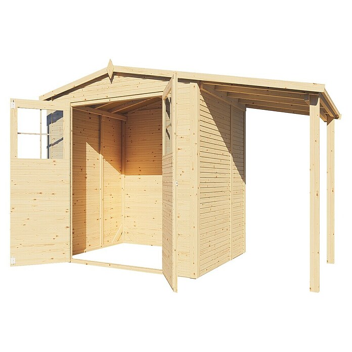Bertilo Gartenhaus Plexi Apex 2 Plus (Außenmaß inkl. Dachüberstand (B x T): 168 x 338 cm, Holz, Natur, Mit Anbau) | BAUHAUS
