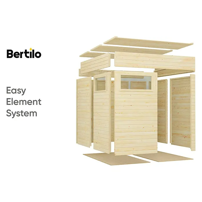 Gerätehaus Cubus 2 - Außenmaß inkl. Dachüberstand (B x T): 240 x 223 cm, Holz, Naturbelassen - Produktabbildung des Bertilo Easy Element System, das aus einzelnen Holzelementen besteht, die einfach zusammengebaut werden können.