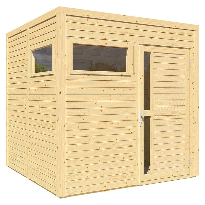 Gerätehaus Cubus 2 - Außenmaß inkl. Dachüberstand (B x T): 240 x 223 cm, Holz, Naturbelassen - Abbildung eines hellen Holzgartenhauses mit Fenstern und einer Tür.
