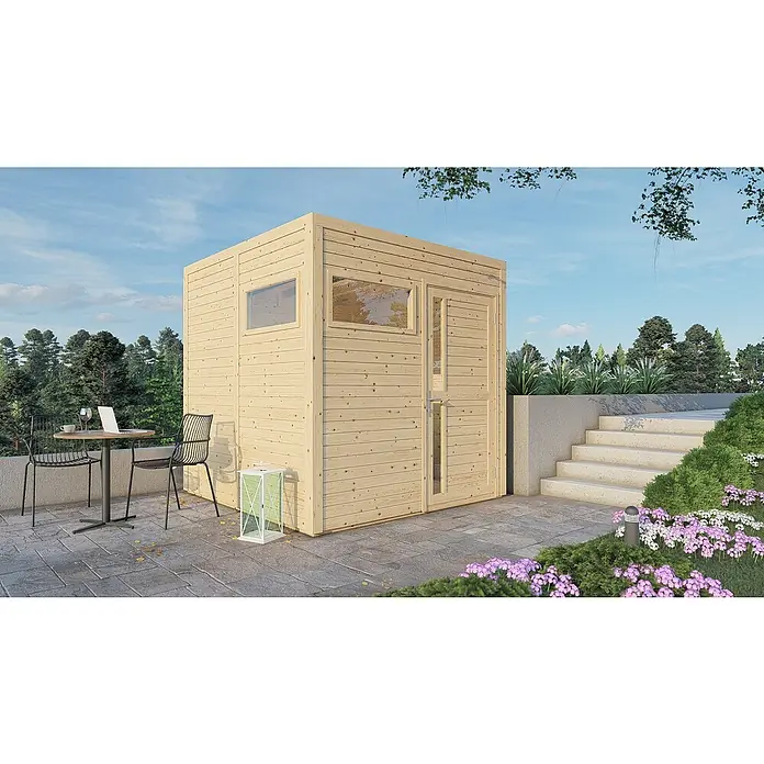 Gerätehaus Cubus 2 - Außenmaß inkl. Dachüberstand (B x T): 240 x 223 cm, Holz, Naturbelassen - Abgebildet ist eine moderne Gartensauna aus hellem Holz mit Fenster und Tür, die zum Entspannen im Freien einlädt.