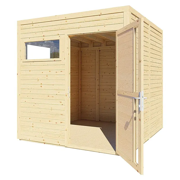 Gerätehaus Cubus 2 - Außenmaß inkl. Dachüberstand (B x T): 240 x 223 cm, Holz, Naturbelassen - Abbildung eines Holzgartenschuppens mit geöffneter Tür und Fenster, der ein robustes Design und Funktionalität für den Außenbereich bietet.