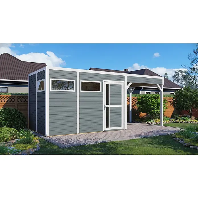 Bertilo Gartenhaus Cubus 3 Lounge - Außenmaß inkl. Dachüberstand (B x T): 240 x 560 cm, Holz, Hellgrau/ Weiß - Ein graues Gartenhaus mit weißen Akzenten und Fenster sowie einer überdachten Terrasse, umgeben von üppigem Grün.